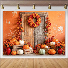 Lofaris Rustic Wooden Door Autumn Holiday Backdrop with Pumpkins and Fall Leaves Seasonal Photography Background for Thanksgiving Party