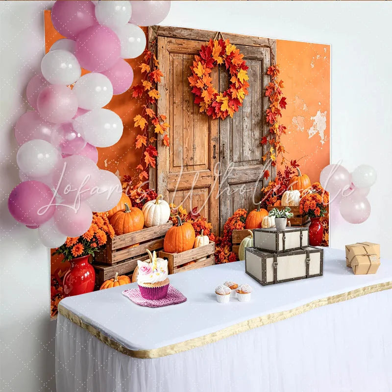 Lofaris Rustic Wooden Door Autumn Holiday Backdrop with Pumpkins and Fall Leaves Seasonal Photography Background for Thanksgiving Party