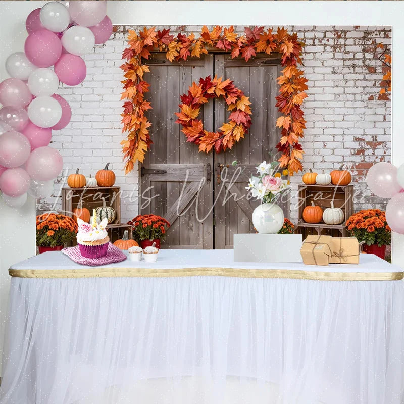 Lofaris Rustic Wooden Door Autumn Holiday Backdrop with Pumpkins and Maple Leaves Farmhouse Background for Fall Harvest Party Decor