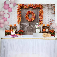 Lofaris Rustic Wooden Door Autumn Holiday Backdrop with Pumpkins and Maple Leaves Farmhouse Background for Fall Harvest Party Decor