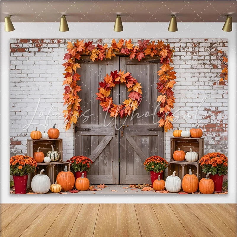 Lofaris Rustic Wooden Door Autumn Holiday Backdrop with Pumpkins and Maple Leaves Farmhouse Background for Fall Harvest Party Decor