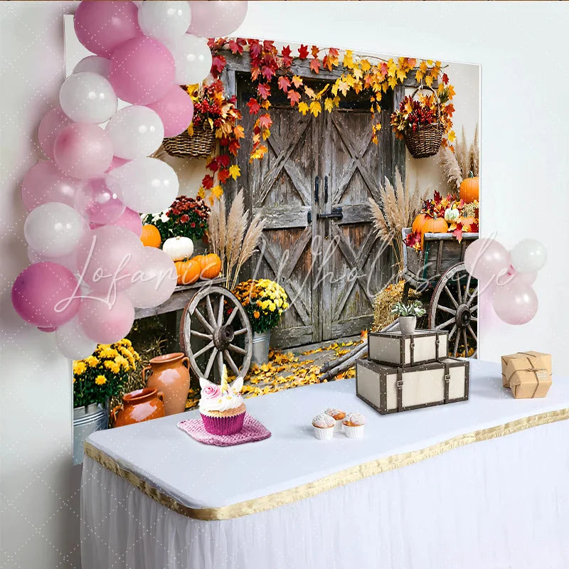 Lofaris Rustic Wooden Door Autumn Photography Backdrop with Fall Leaves and Pumpkins Harvest Farmhouse Studio for Seasonal Portraits