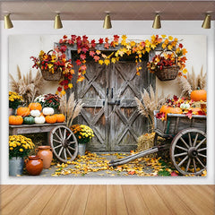 Lofaris Rustic Wooden Door Autumn Photography Backdrop with Fall Leaves and Pumpkins Harvest Farmhouse Studio for Seasonal Portraits