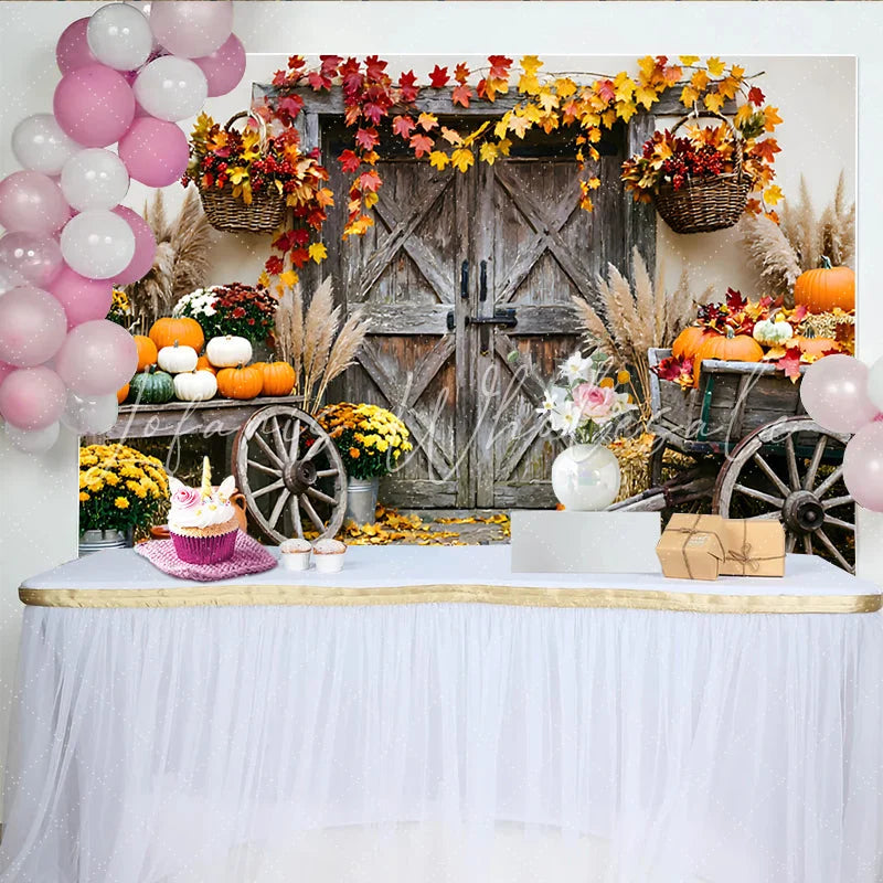 Lofaris Rustic Wooden Door Autumn Photography Backdrop with Fall Leaves and Pumpkins Harvest Farmhouse Studio for Seasonal Portraits