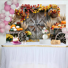 Lofaris Rustic Wooden Door Autumn Photography Backdrop with Fall Leaves and Pumpkins Harvest Farmhouse Studio for Seasonal Portraits