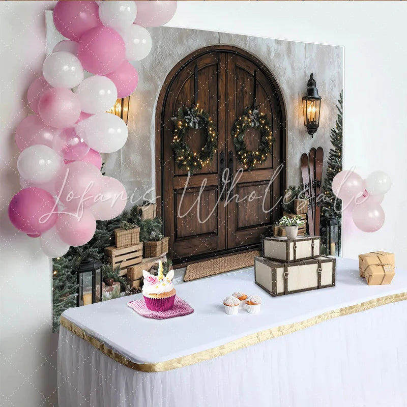 Lofaris Rustic Wooden Door Christmas Backdrop Winter Holiday Scene with Wreaths Trees and Gifts
