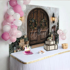 Lofaris Rustic Wooden Door Christmas Backdrop Winter Holiday Scene with Wreaths Trees and Gifts