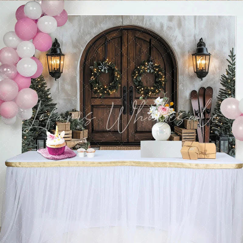 Lofaris Rustic Wooden Door Christmas Backdrop Winter Holiday Scene with Wreaths Trees and Gifts