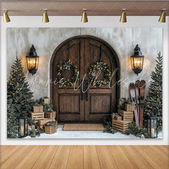 Lofaris Rustic Wooden Door Christmas Backdrop Winter Holiday Scene with Wreaths Trees and Gifts