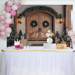 Lofaris Rustic Wooden Door Christmas Backdrop with Evergreen Garland and Wreaths Festive Winter Holiday Decor