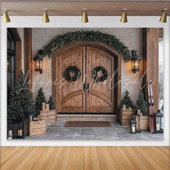 Lofaris Rustic Wooden Door Christmas Backdrop with Evergreen Garland and Wreaths Festive Winter Holiday Decor