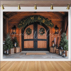 Lofaris Rustic Wooden Door Christmas Backdrop with Wreaths String Lights and Pine Trees Winter Holiday Party Decor