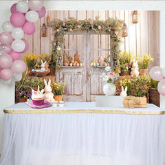 Lofaris Rustic Wooden Door Easter Backdrop with Floral Garland Cute Bunnies and Colorful Eggs Spring Photography Prop.