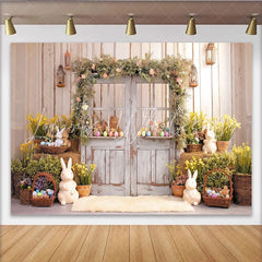 Lofaris Rustic Wooden Door Easter Backdrop with Floral Garland Cute Bunnies and Colorful Eggs Spring Photography Prop.