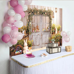 Lofaris Rustic Wooden Door Easter Backdrop with Floral Garland Cute Bunnies and Colorful Eggs Spring Photography Prop.