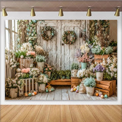Lofaris Rustic Wooden Door Easter Backdrop with Pastel Flowers and Eggs Elegant Spring Photography Background for Festive Holiday Decor