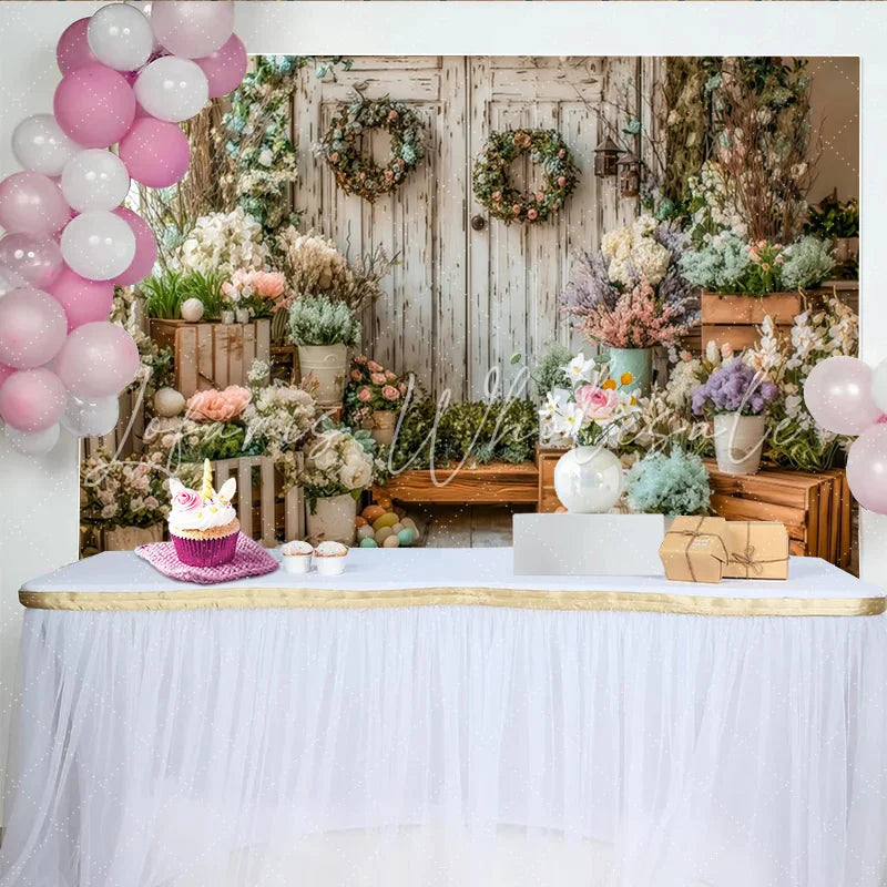 Lofaris Rustic Wooden Door Easter Backdrop with Pastel Flowers and Eggs Elegant Spring Photography Background for Festive Holiday Decor