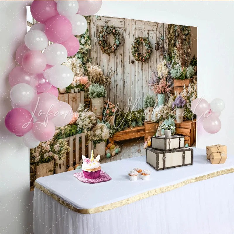 Lofaris Rustic Wooden Door Easter Backdrop with Pastel Flowers and Eggs Elegant Spring Photography Background for Festive Holiday Decor