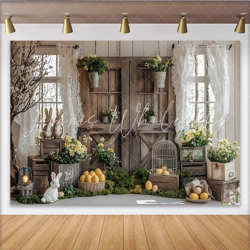 Lofaris Rustic Wooden Door Easter Backdrop with Spring Flowers and Bunnies Farmhouse Photography Background for Holiday Decor