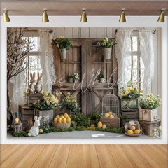 Lofaris Rustic Wooden Door Easter Backdrop with Spring Flowers and Bunnies Farmhouse Photography Background for Holiday Decor