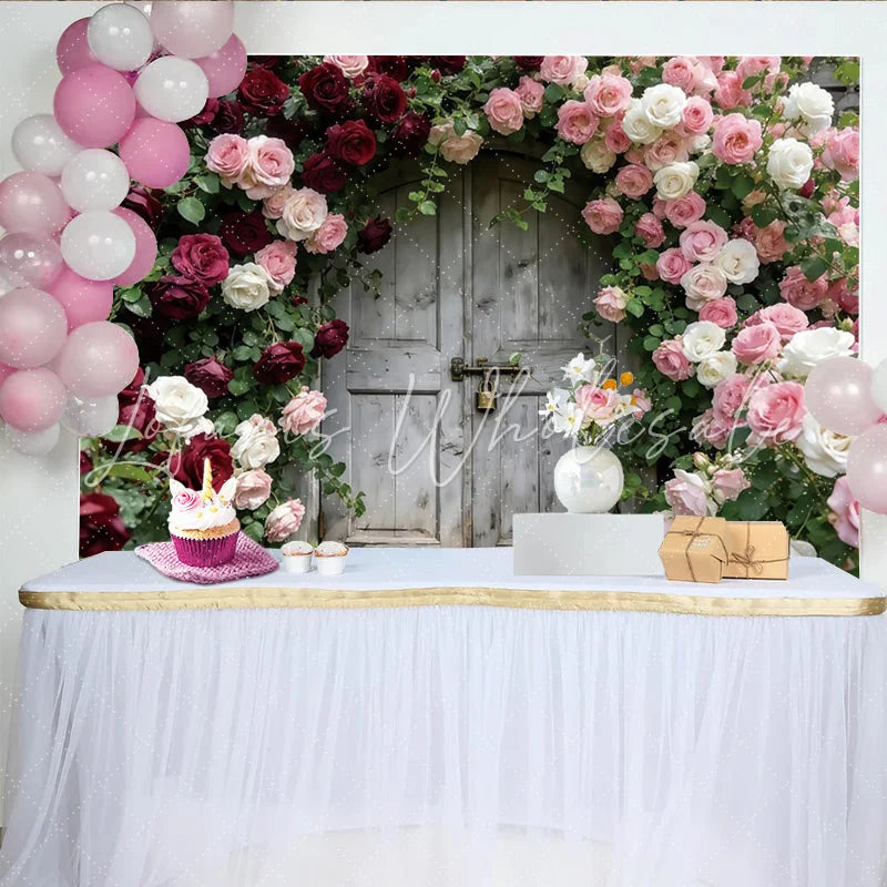 Lofaris Rustic Wooden Door Photography Backdrop with Red and Pink Roses Elegant Floral Background for Wedding and Portrait Studio