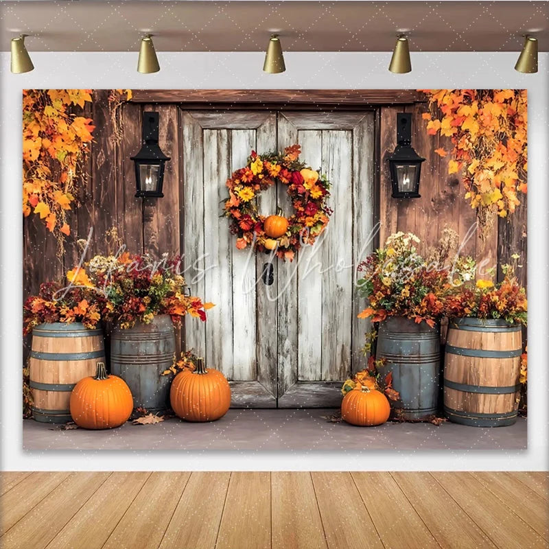 Lofaris Rustic Wooden Door Thanksgiving Backdrop with Fall Wreath Pumpkins and Autumn Leaves for Harvest Party Photography