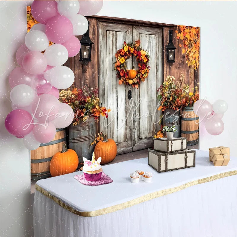 Lofaris Rustic Wooden Door Thanksgiving Backdrop with Fall Wreath Pumpkins and Autumn Leaves for Harvest Party Photography