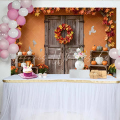 Lofaris Rustic Wooden Door Thanksgiving Backdrop with Pumpkins and Fall Leaves Garland Autumn Harvest Festival Background for Party Decor