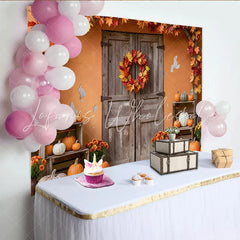 Lofaris Rustic Wooden Door Thanksgiving Backdrop with Pumpkins and Fall Leaves Garland Autumn Harvest Festival Background for Party Decor