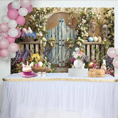 Lofaris Rustic Wooden Gate Easter Garden Backdrop with Flowering Vines Cute Bunnies and Colorful Eggs