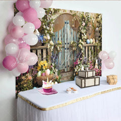 Lofaris Rustic Wooden Gate Easter Garden Backdrop with Flowering Vines Cute Bunnies and Colorful Eggs