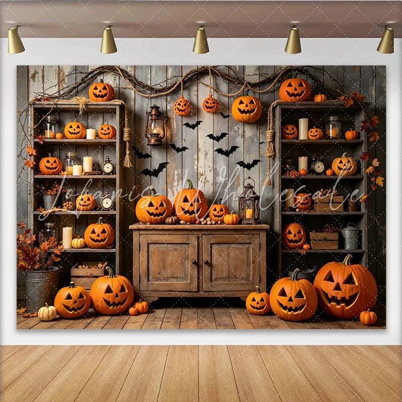 Lofaris Rustic Wooden Halloween Backdrop with Carved Pumpkins and Flying Bats Spooky Autumn Party Decor for Studio Photography Background
