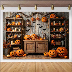 Lofaris Rustic Wooden Halloween Backdrop with Carved Pumpkins and Flying Bats Spooky Autumn Party Decor for Studio Photography Background
