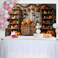 Lofaris Rustic Wooden Halloween Backdrop with Carved Pumpkins and Flying Bats Spooky Autumn Party Decor for Studio Photography Background