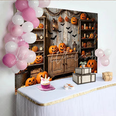 Lofaris Rustic Wooden Halloween Backdrop with Carved Pumpkins and Flying Bats Spooky Autumn Party Decor for Studio Photography Background