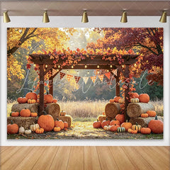 Lofaris Rustic Wooden Pergola Fall Harvest Photography Backdrop with Pumpkins and Hay Bales Autumn Leaves Photo Background
