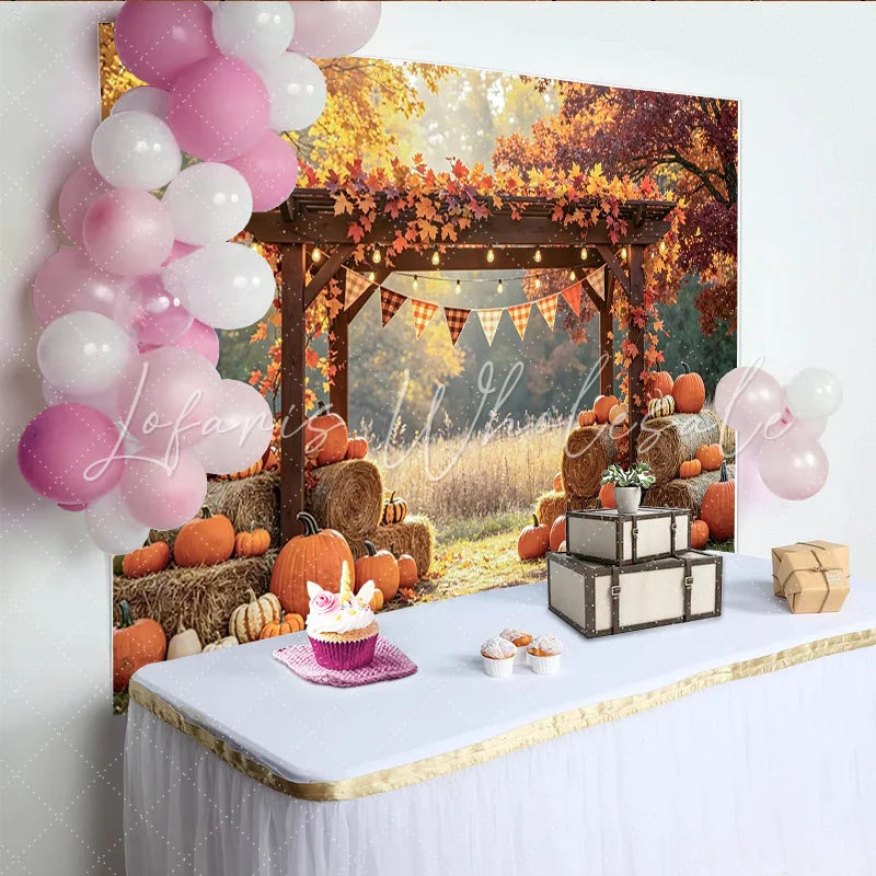 Lofaris Rustic Wooden Pergola Fall Harvest Photography Backdrop with Pumpkins and Hay Bales Autumn Leaves Photo Background
