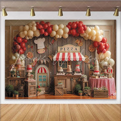 Lofaris Rustic Wooden Pizza Party Backdrop with Red and Cream Balloons Chef Theme Birthday Celebration Decor.