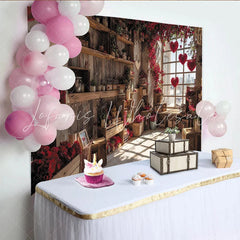 Lofaris Rustic Wooden Room Photography Backdrop with Red Flowers and Hanging Hearts Romantic Window Scene