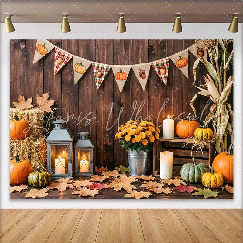 Lofaris Rustic Wooden Thanksgiving Backdrop with Pumpkins and Fall Leaves Cozy Autumn Harvest Party Background for Family Photoshoot