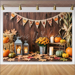 Lofaris Rustic Wooden Thanksgiving Backdrop with Pumpkins and Fall Leaves Cozy Autumn Harvest Party Background for Family Photoshoot