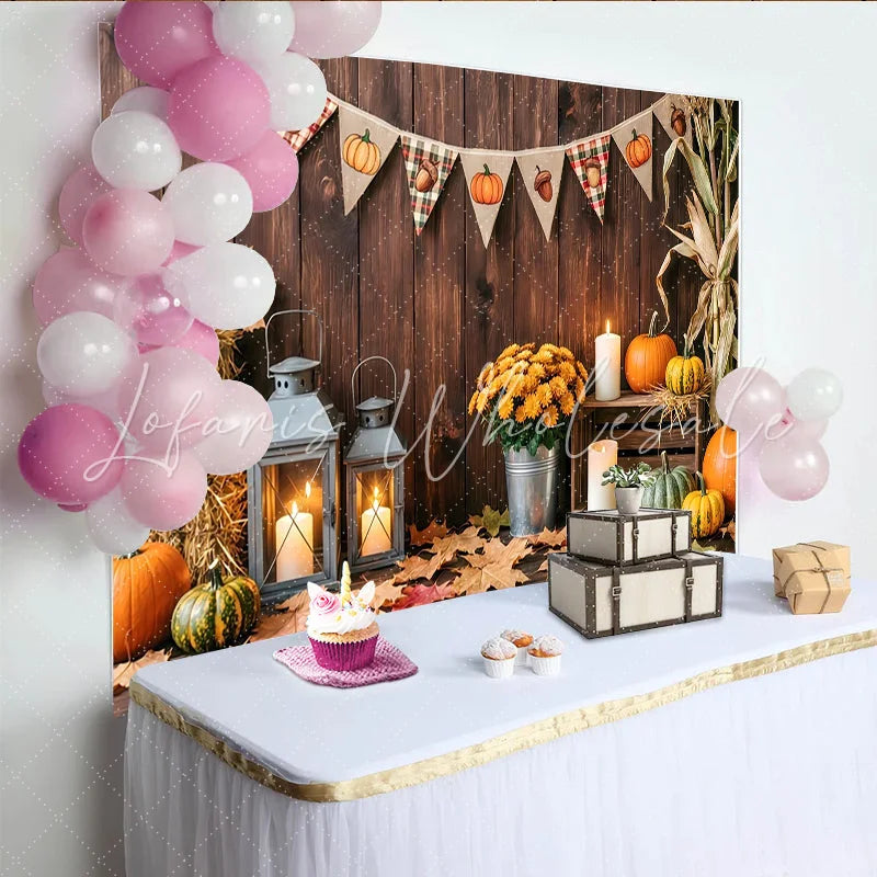 Lofaris Rustic Wooden Thanksgiving Backdrop with Pumpkins and Fall Leaves Cozy Autumn Harvest Party Background for Family Photoshoot
