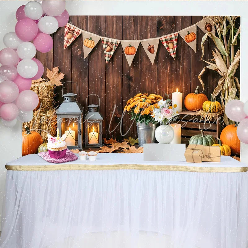 Lofaris Rustic Wooden Thanksgiving Backdrop with Pumpkins and Fall Leaves Cozy Autumn Harvest Party Background for Family Photoshoot