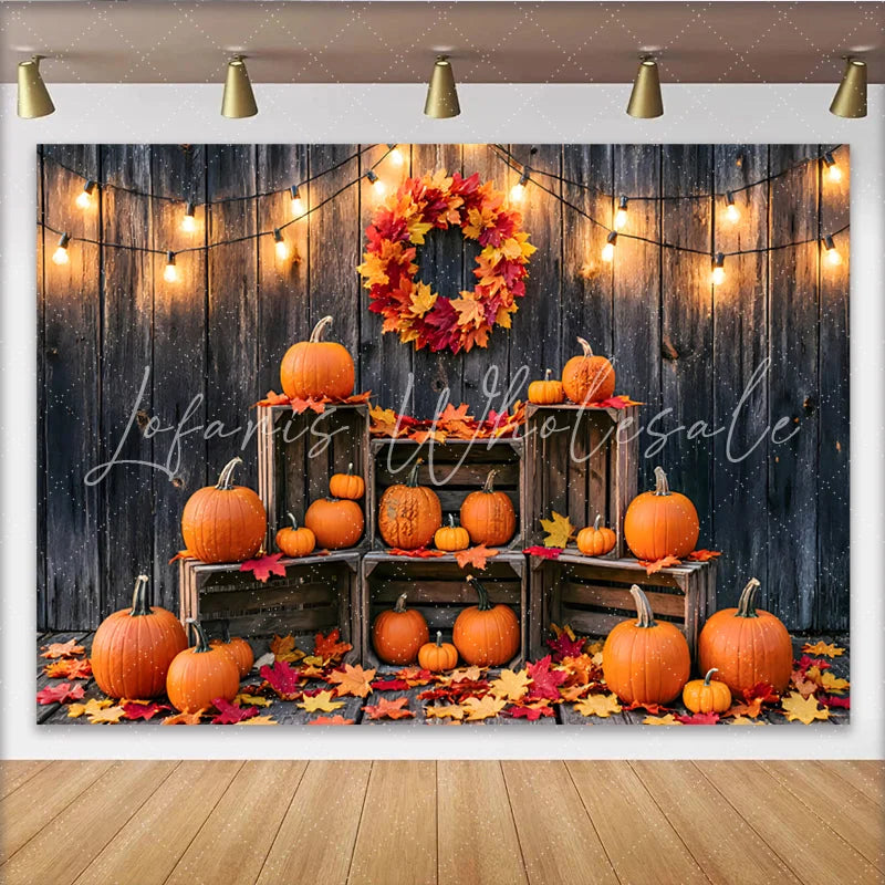 Lofaris Rustic Wooden Wall Autumn Backdrop with Pumpkins Fall Leaves and String Lights Harvest Festival Photography Background Decor