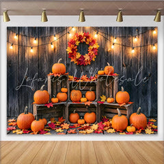 Lofaris Rustic Wooden Wall Autumn Backdrop with Pumpkins Fall Leaves and String Lights Harvest Festival Photography Background Decor