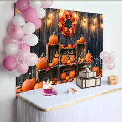 Lofaris Rustic Wooden Wall Autumn Backdrop with Pumpkins Fall Leaves and String Lights Harvest Festival Photography Background Decor