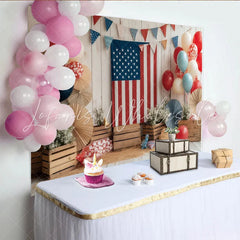 Lofaris Rustic Wooden Wall Independence Day Backdrop Patriotic American Flag and Red White Blue Balloons for Party Decor