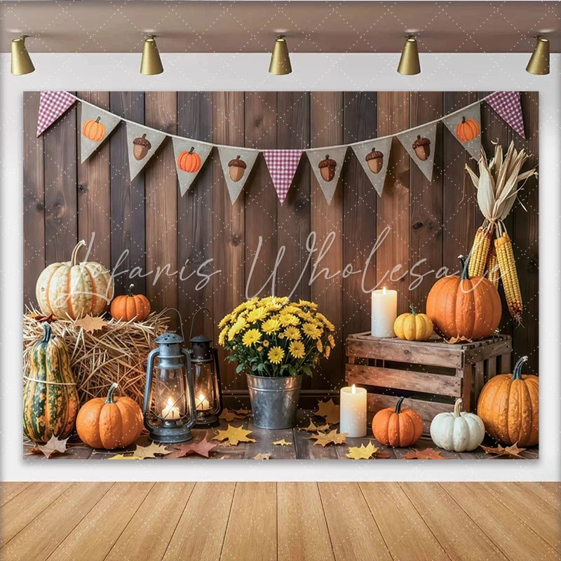 Lofaris Rustic Wooden Wall Thanksgiving Backdrop with Pumpkins and Hay Autumn Harvest Photo Background for Fall Party Decoration