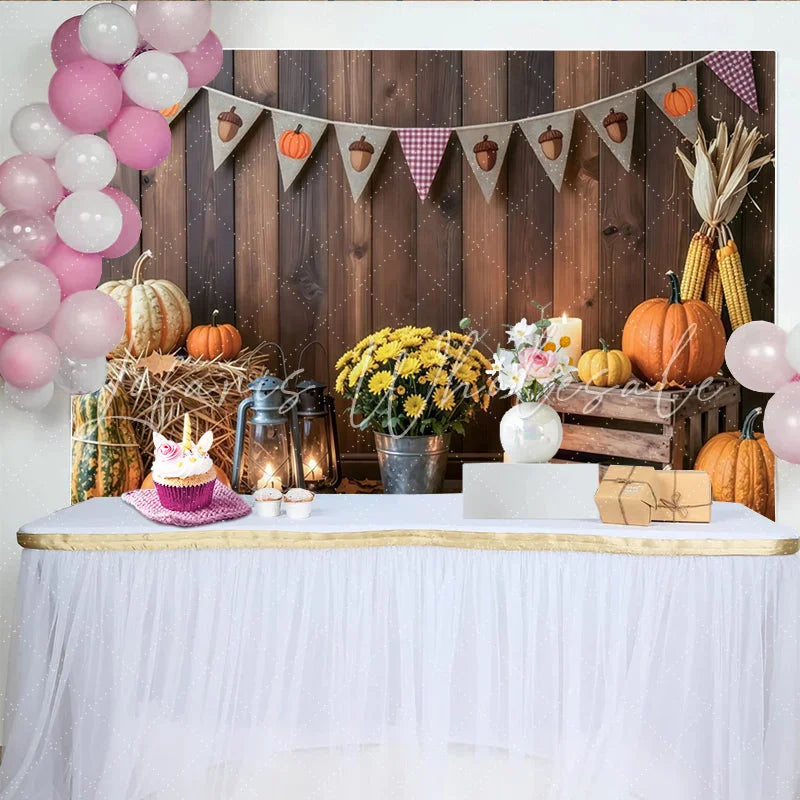 Lofaris Rustic Wooden Wall Thanksgiving Backdrop with Pumpkins and Hay Autumn Harvest Photo Background for Fall Party Decoration