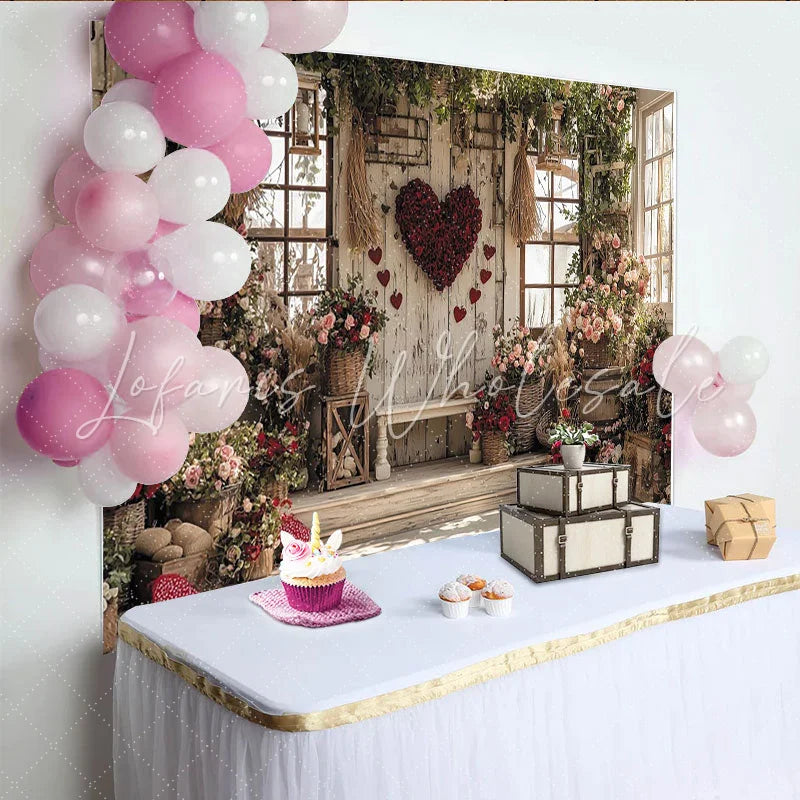Lofaris Rustic Wooden Wall Valentine’s Day Backdrop Red Rose Heart with Abundant Floral Garden Decor